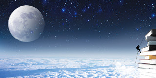 蓝色白色场景大气云海星空月亮书本梦想展板背景